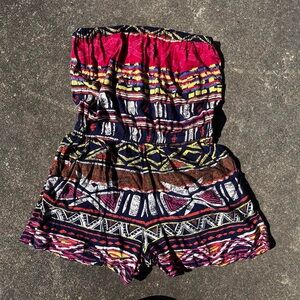 Angie Strapless Patterned Romper Shorts - Pink, Navy & Brown